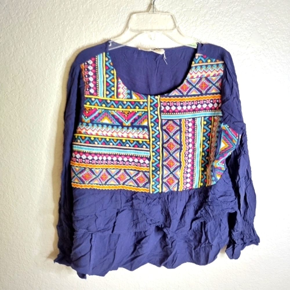 Savanna Jane Embroidered Tiered Long Sleeve Boho Blouse Sz M